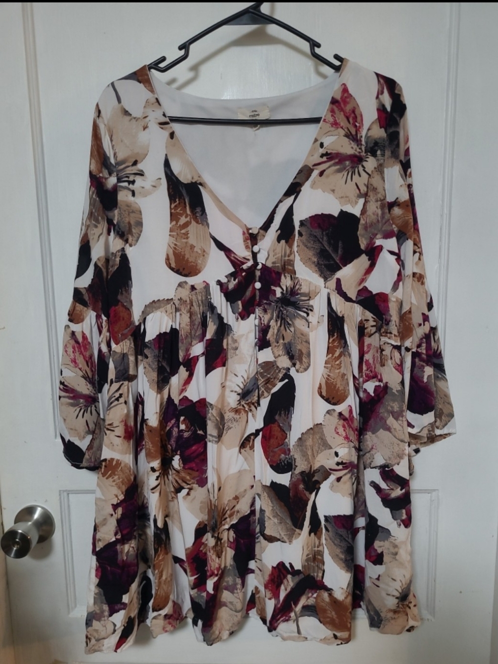 Entro Floral Bell Sleeve Blouse Mini Dress Cream & Burgundy LARGE